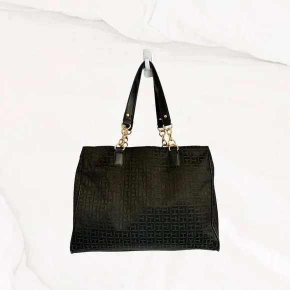Tommy Hilfiger, Large, Black, T H Motif, Cloth Tote, Chain Handle - Picture 16 of 16